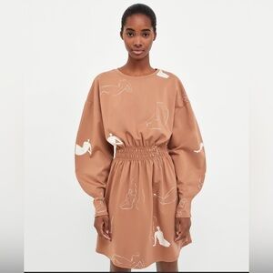 Zara All Over Print Woman Matisse Brown Balloon Sleeve Dress Medium